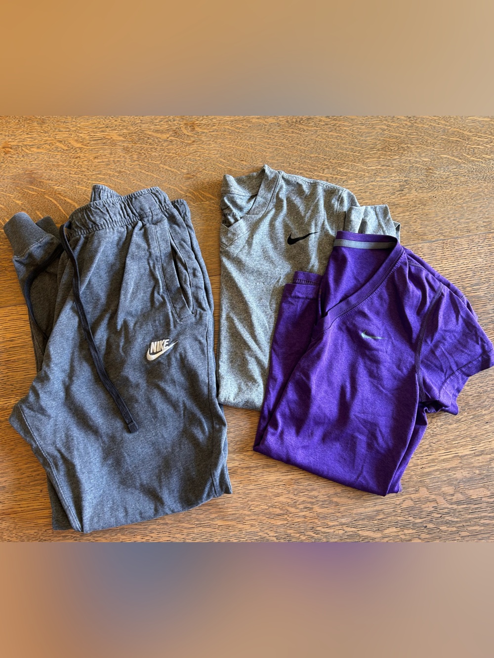 Nike Women’s Joggers with Gray Tee and Purple Tee, size S